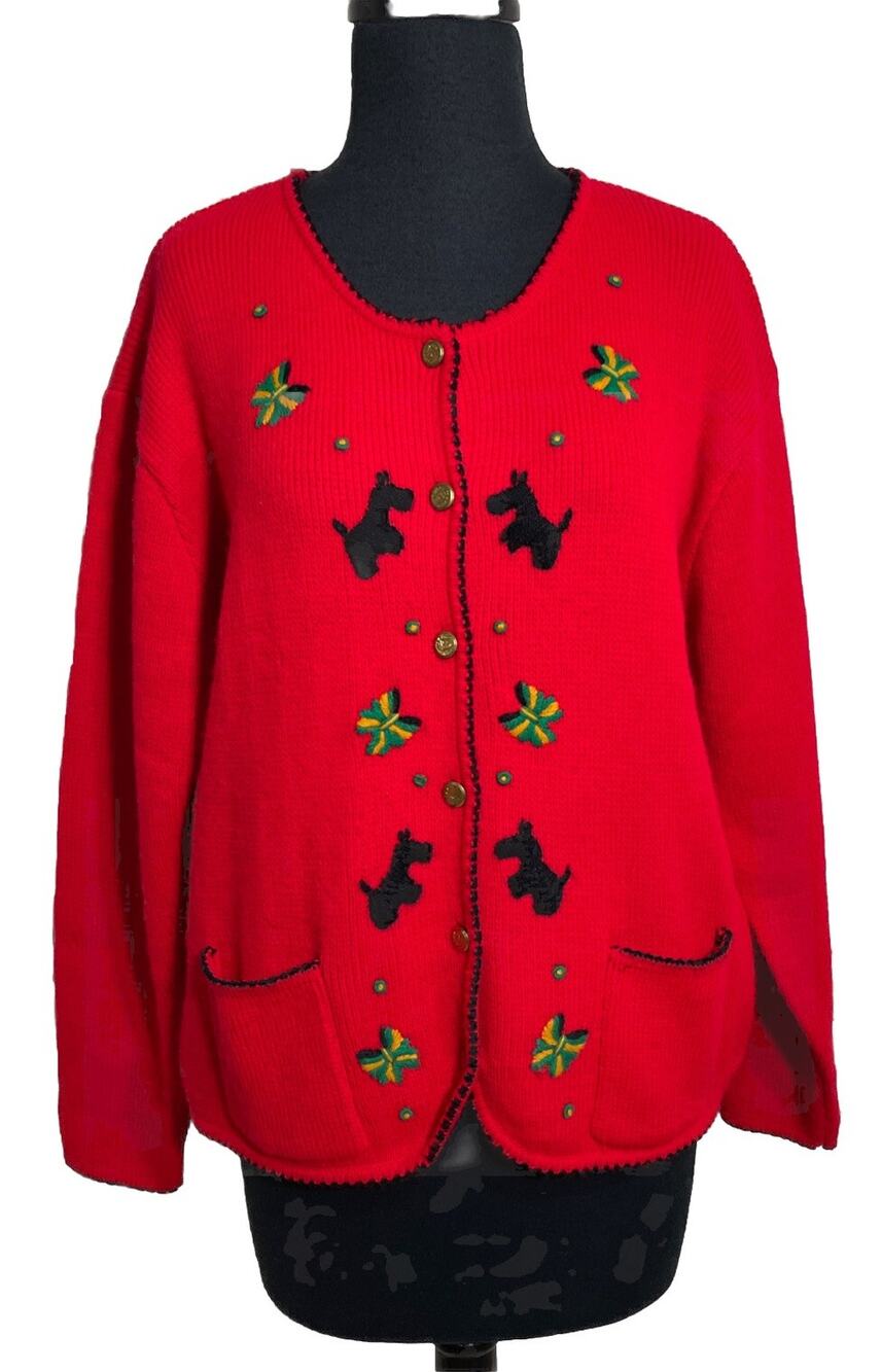Tally-Ho Vintage Cardigan Sweater Womens Large Red Scotty Dog Bows